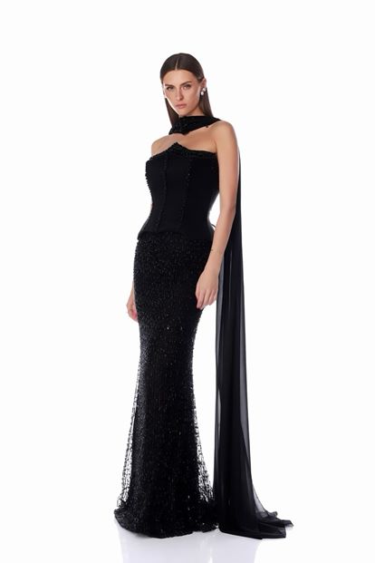 Schwarzes Satin Bustier Top Pailletten Meerjungfrau Abend Set